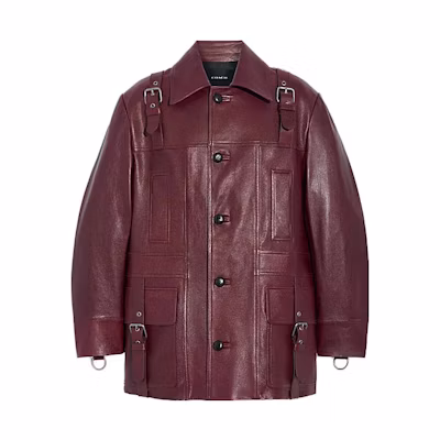 COACH SS23 Red Leather Jacket with Hardware Details and Turn-Down Collar. CK948-F3X