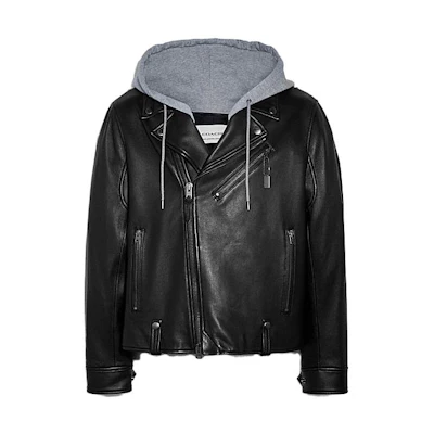 COACH SS23 Black Leather Hooded Jacket C7839-BLK