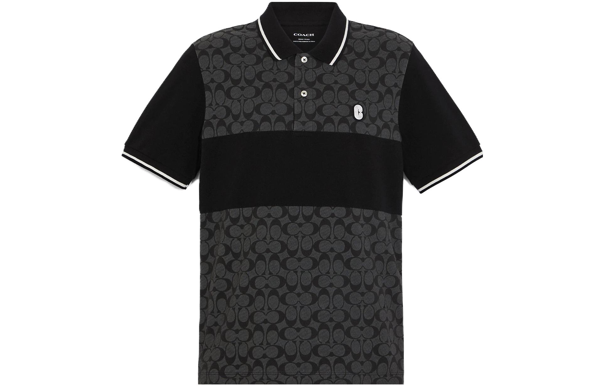 COACH SS23 Charcoal Grey Logo Print Colorblock Short Sleeve Polo. C9605-R8E