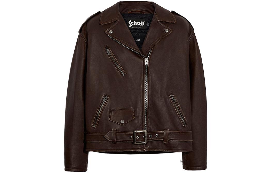 COACH SS23 Leather V-Neck Long-Sleeve Jacket Brown C6321-BRN