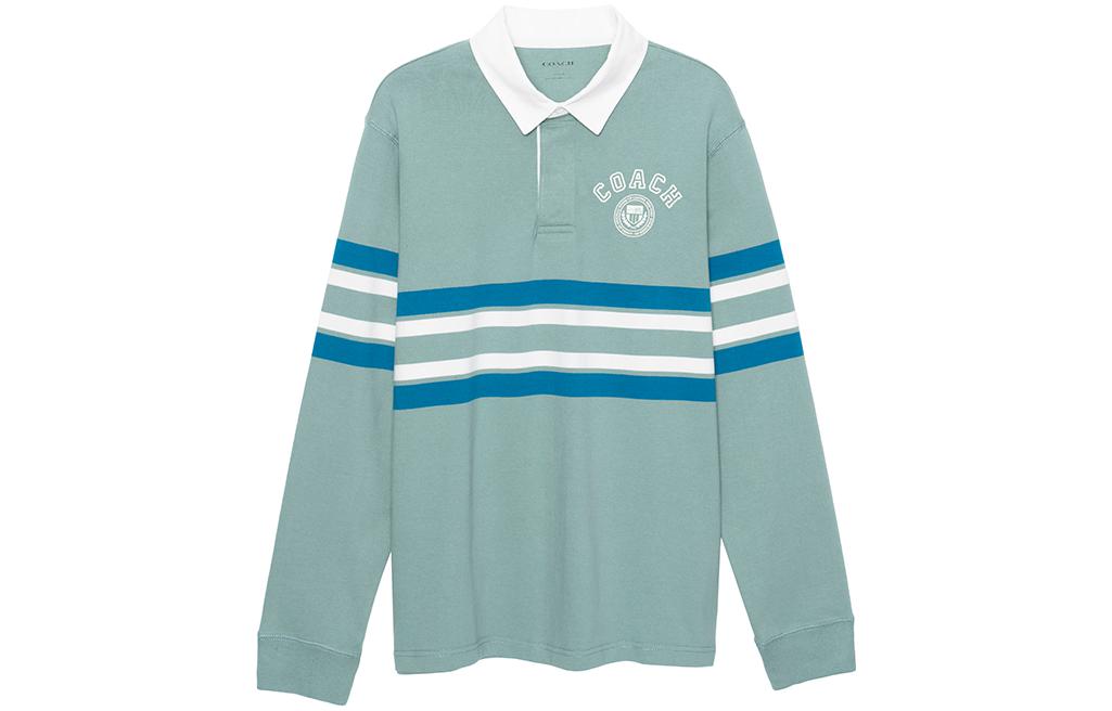 COACH SS23 Striped Logo Print Long-Sleeve Polo Shirt Blue Men’s. CF817-VC6