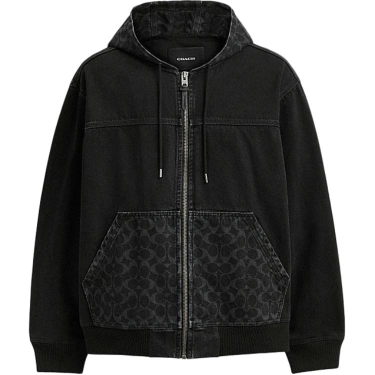 COACH SS24  Black Hooded Jacket with Logo and Colorblock Design. CR744-SDP
