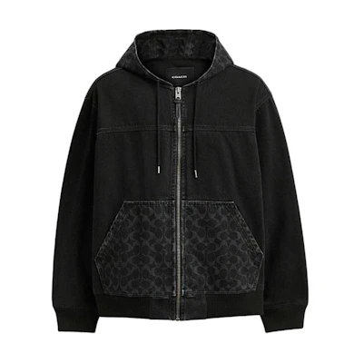 COACH SS24 Black Hooded Jacket with Logo and Colorblock Design. CR744-SDP
