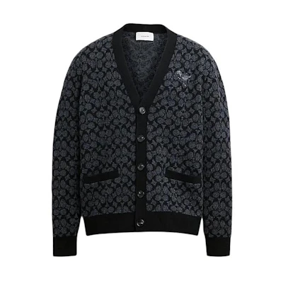 COACH SS24 Black Knitted Cardigan with Logo Pattern. CN456-OY2