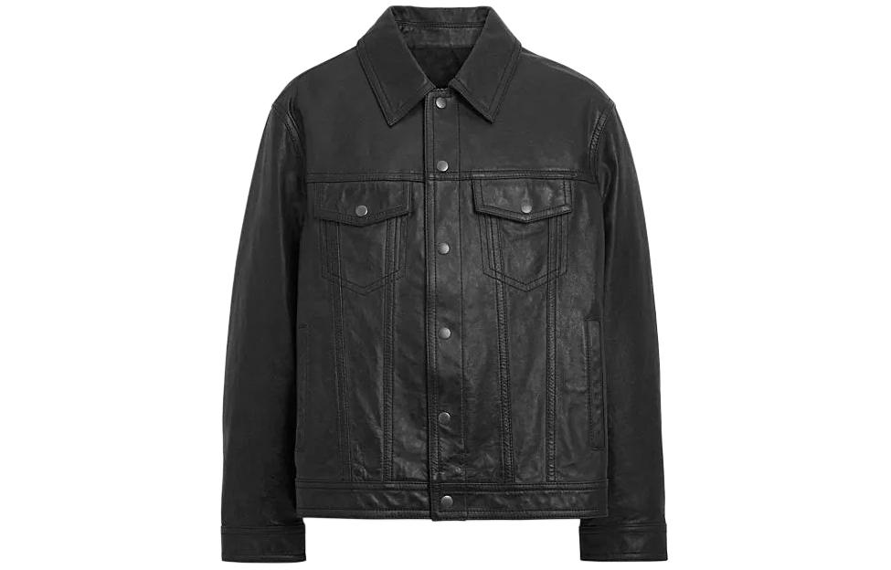 COACH SS24  Black Leather Jacket with Shirt Collar and Button Closure. CM795-BLK