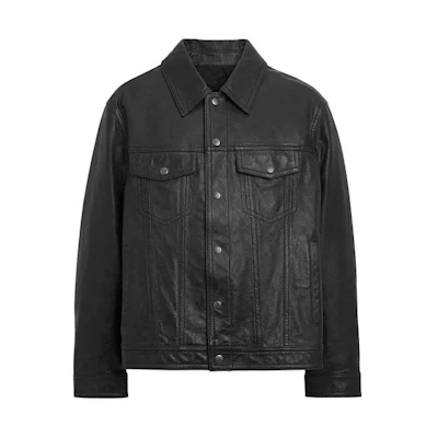 COACH SS24 Black Leather Jacket with Shirt Collar and Button Closure. CM795-BLK