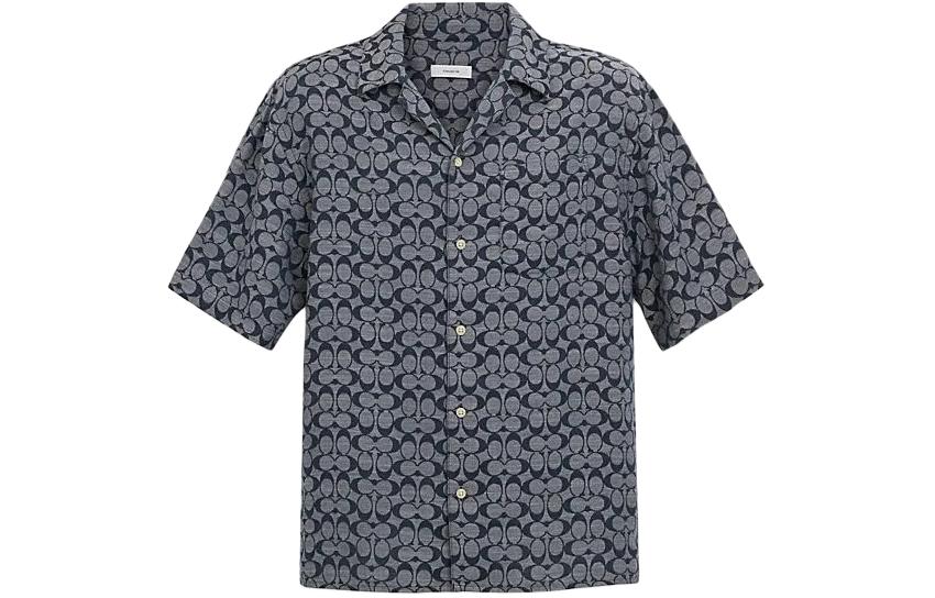 Order COACH SS24 Camisa Azul Estampado Cubos Cuello Cubano Manga Corta. C7812-BLU