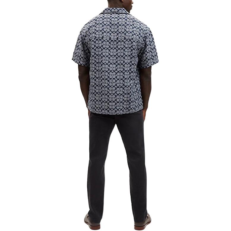 Shop COACH SS24 Camisa Azul Estampado Cubos Cuello Cubano Manga Corta. C7812-BLU