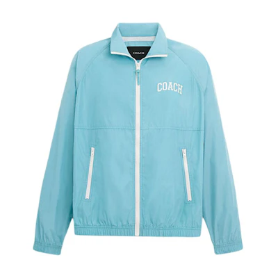 COACH SS24 Blue Embroidered Logo Zip-Up Jacket with Collar. CR483-VSW
