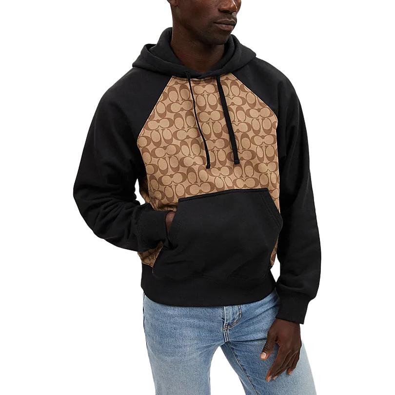 Shop COACH SS24 Hoodie Khaki Motif Colorblock Pullover. CO826-OFZ