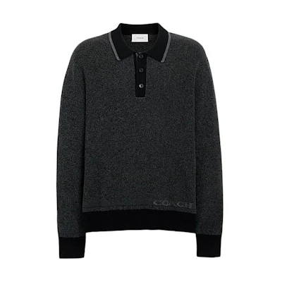 COACH SS24 Letter Embroidered Polo Long Sleeve Knit Sweater Charcoal Black CM807-MI5