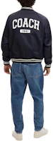 Shop COACH SS24 Navy Blue Logo Print Single-Breasted Jacket. CO799-RF2