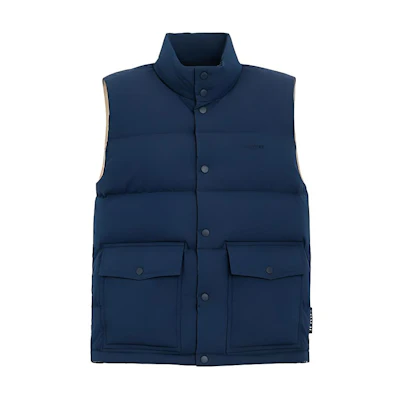 COACH SS24 Navy Blue Solid Single-Breasted Sleeveless Down Vest. CT728-WAE