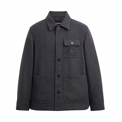 COACH SS24 Solid Color Button-Up Jacket with Pockets in Charcoal Black. CN942-CHR