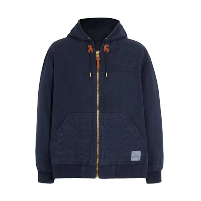 COACH SS24 Solid Drawstring Hooded Jacket in Navy Blue. CF795-NAV