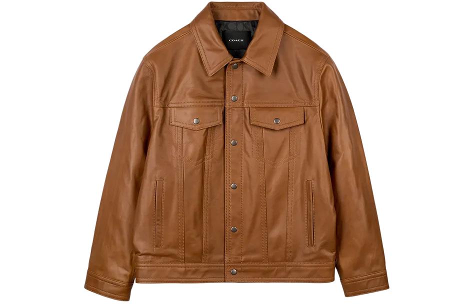 COACH SS24  Solid Leather Jacket Orange Red Long Sleeve Single-Breasted CM795-RUS