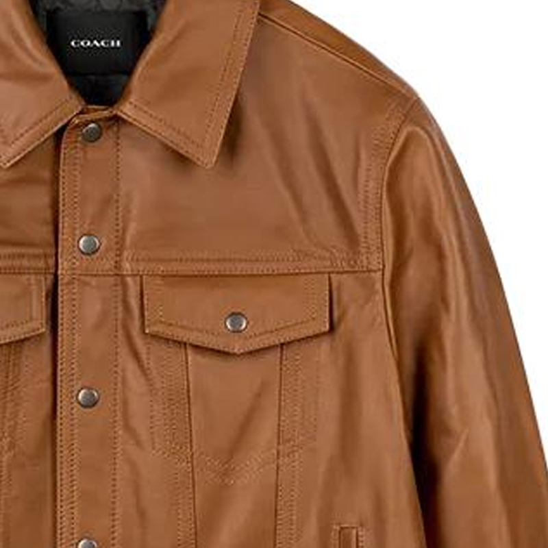 Details for COACH SS24  Solid Leather Jacket Orange Red Long Sleeve Single-Breasted CM795-RUS