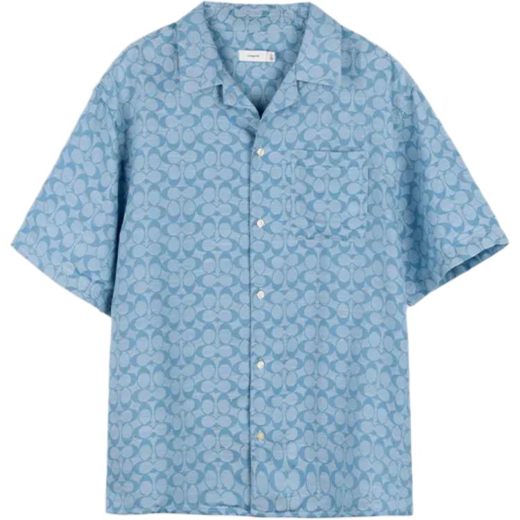 COACH SS24 Blue Pattern Print Short-Sleeve Button-Up Shirt for Men. C7812-X0L