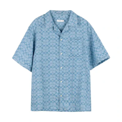 COACH SS24 Blue Pattern Print Short-Sleeve Button-Up Shirt for Men. C7812-X0L