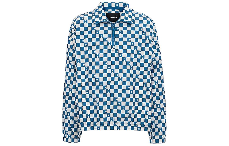 COACH SS24 Checkered Half-Zip Collared Jacket Blue ( Long Sleeve) CO806-BLM