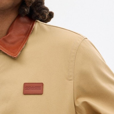 COACH SS24 Logo Patch Zip Casual Jacket Khaki Menswear. CS784-RYU Details for COACH SS24 Logo Patch Zip Casual Jacket Khaki Menswear. CS784-RYU