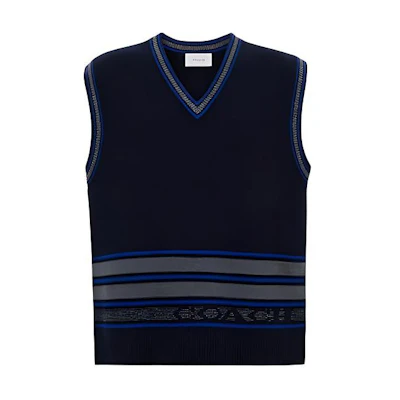 COACH SS24 Striped Logo Embroidered V-Neck Pullover Vest Navy Blue (Men). CM808-NV-GY