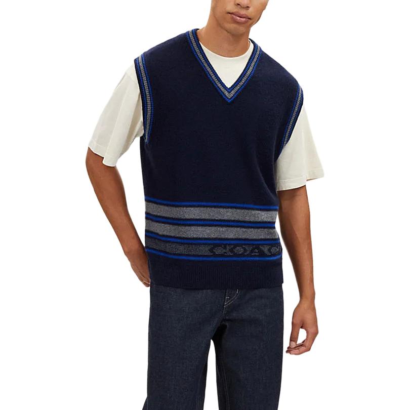 Lookbook COACH SS24 Striped Logo Embroidered V-Neck Pullover Vest Navy Blue (Men). CM808-NV-GY