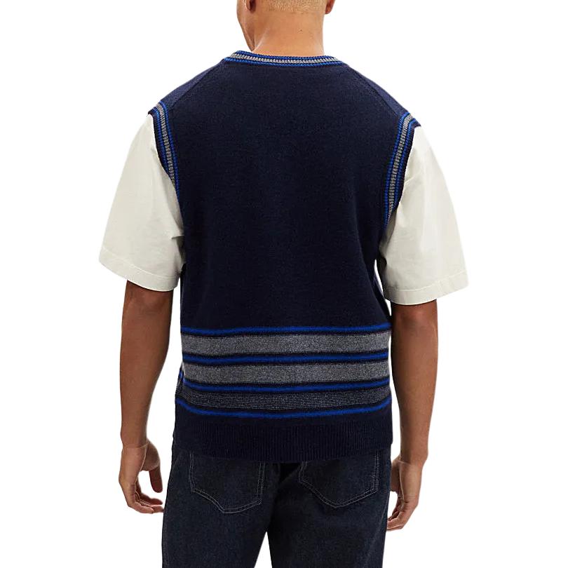 Shop COACH SS24 Striped Logo Embroidered V-Neck Pullover Vest Navy Blue (Men). CM808-NV-GY