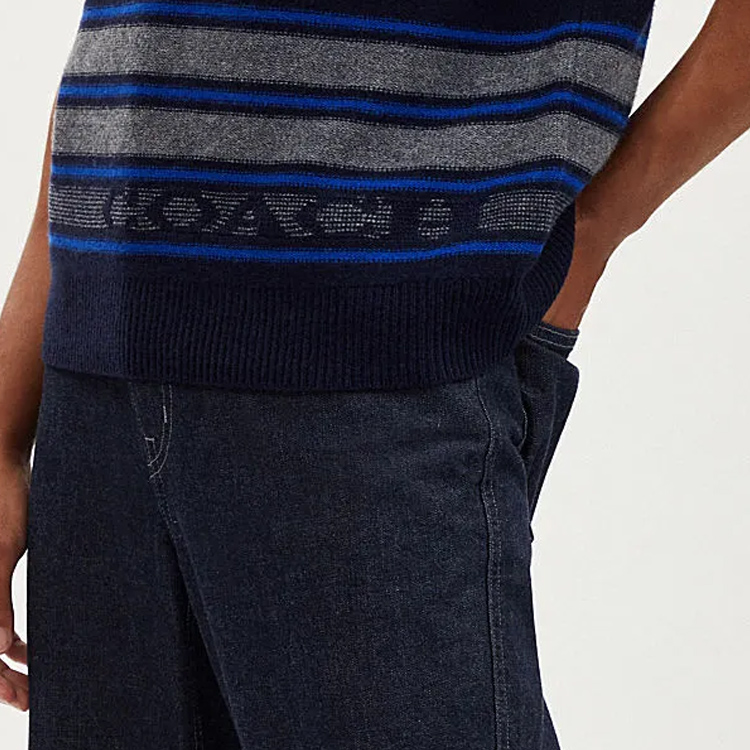 Purchase COACH SS24 Striped Logo Embroidered V-Neck Pullover Vest Navy Blue (Men). CM808-NV-GY