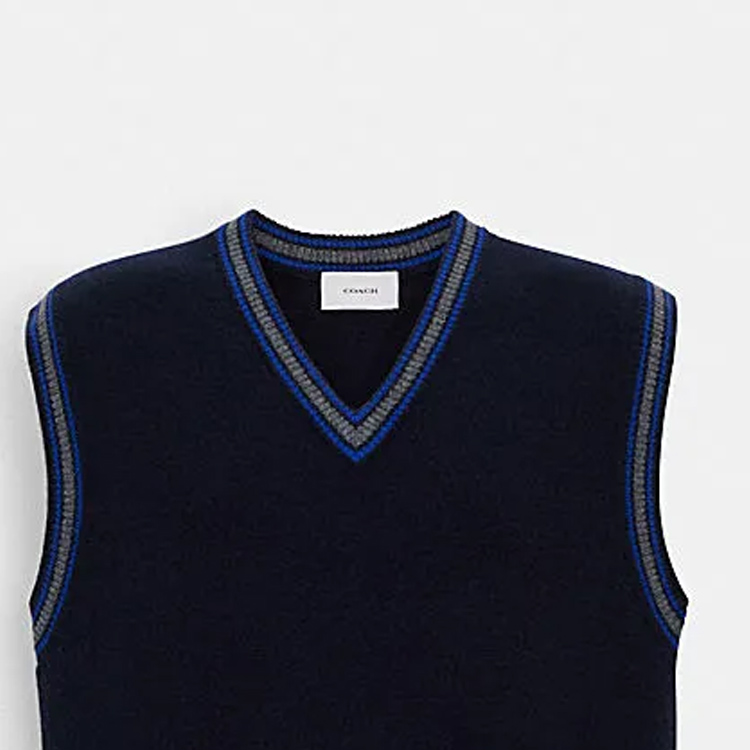 Details for COACH SS24 Striped Logo Embroidered V-Neck Pullover Vest Navy Blue (Men). CM808-NV-GY