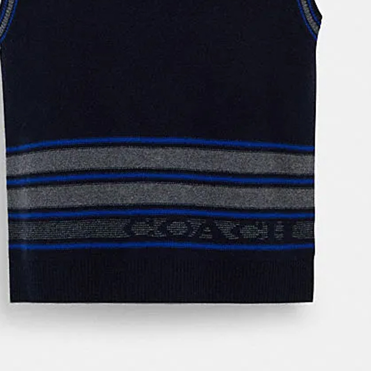 Sizing COACH SS24 Striped Logo Embroidered V-Neck Pullover Vest Navy Blue (Men). CM808-NV-GY