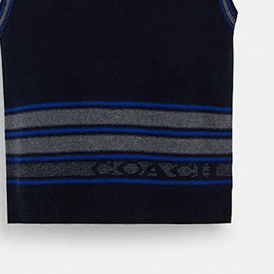 COACH SS24 Striped Logo Embroidered V-Neck Pullover Vest Navy Blue (Men). CM808-NV-GY Sizing COACH SS24 Striped Logo Embroidered V-Neck Pullover Vest Navy Blue (Men). CM808-NV-GY