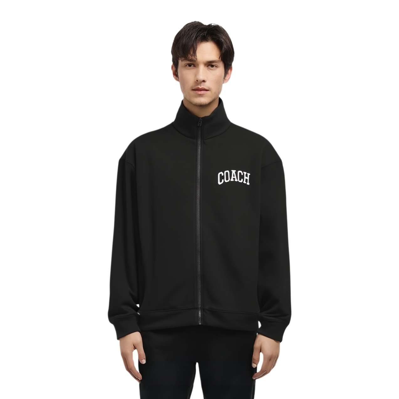 Shop COACH SS25 黑色純色拉鍊長袖外套。 CY554-BLK