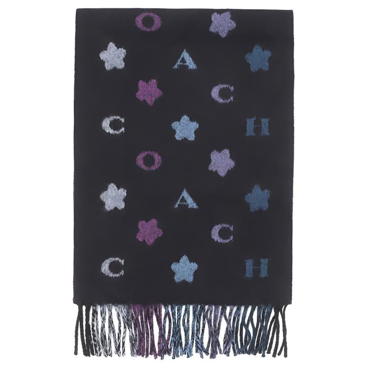 Lookbook COACH 스타 프린트 울 스카프 유니섹스 블랙 퍼플 커플용. 4623LPP