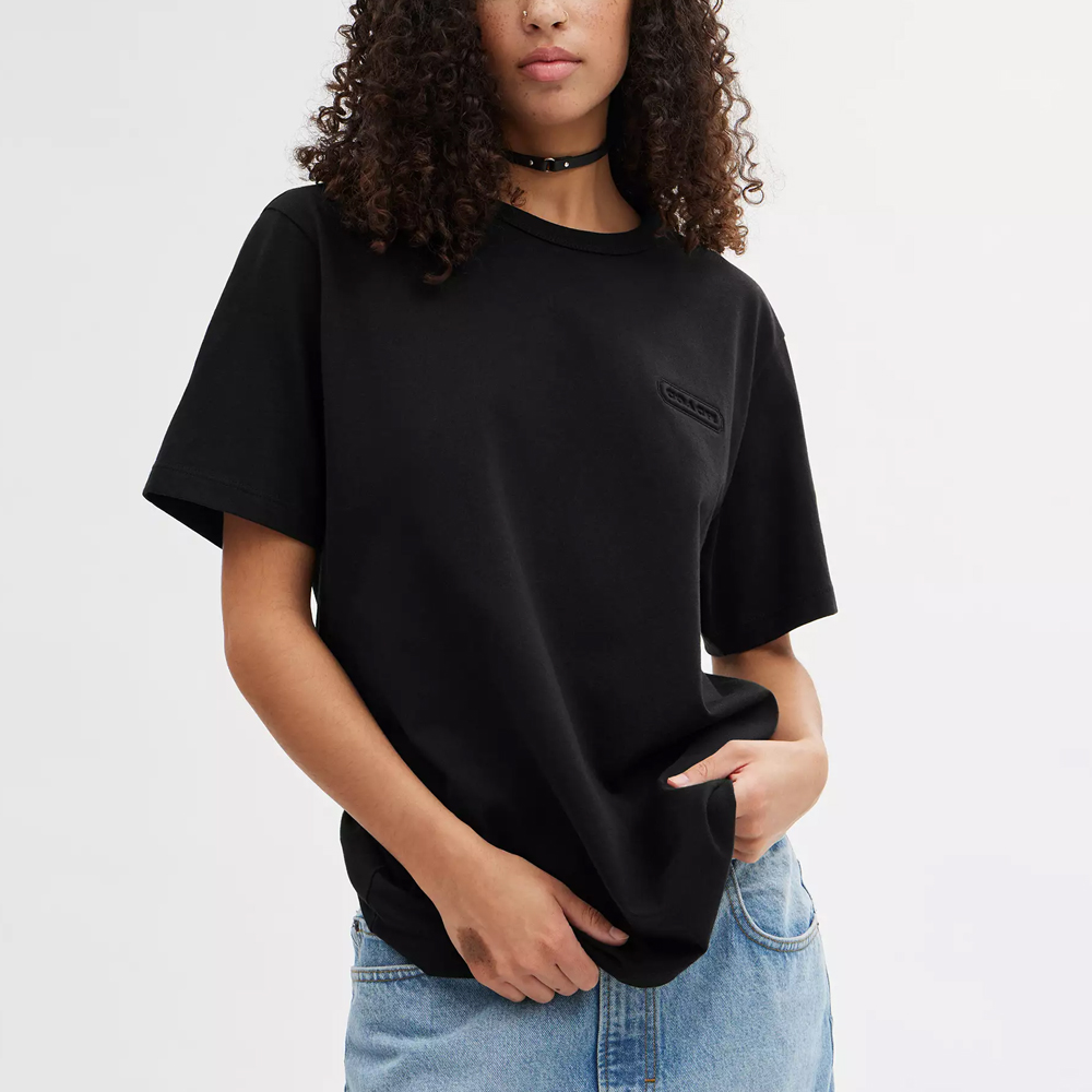Purchase コーチ ユニセックス ブラック クルーネック Tシャツ 無地ロゴデザイン入り. CL685-BLK