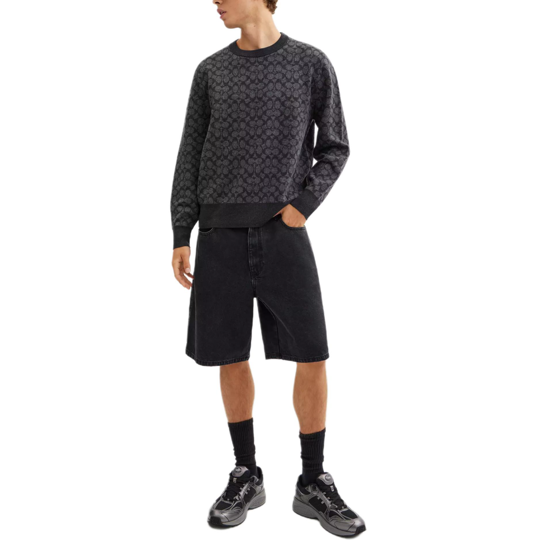 Lookbook COACH Unisex Crewneck Ribbed Trim Sweater in Smoke Gray. CX807-R8E