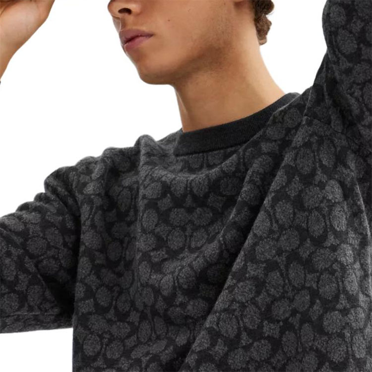 Sizing COACH Unisex Crewneck Ribbed Trim Sweater in Smoke Gray. CX807-R8E