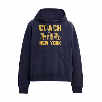 COACH Unisex Navy Blue Hoodie with Carriage Print and Ribbed Details. CBD23-B5H