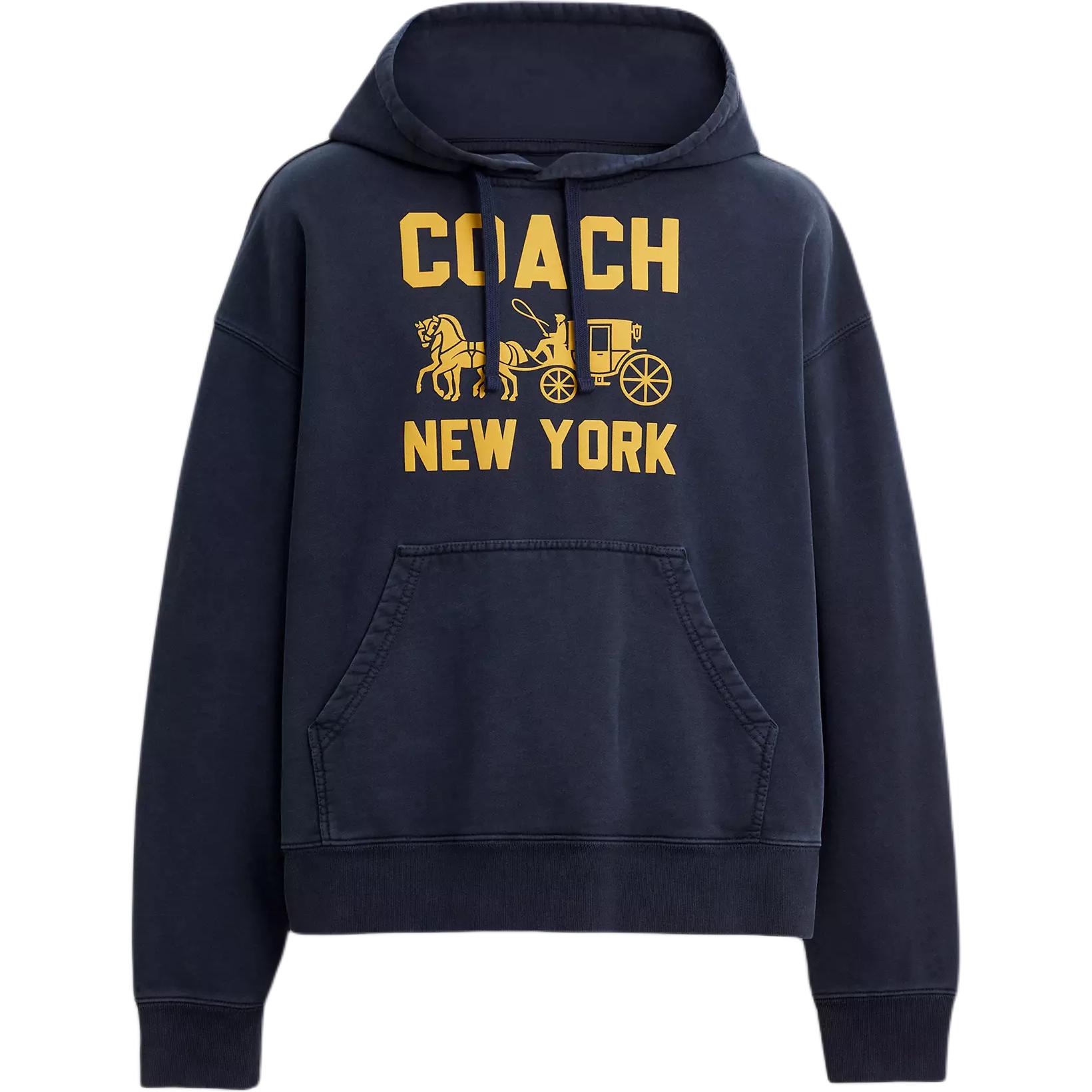 Order COACH Unisex Navy Blue Hoodie with Carriage Print and Ribbed Details. CBD23-B5H