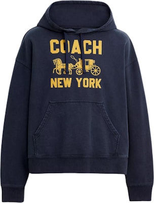 COACH Unisex Navy Blue Hoodie with Carriage Print and Ribbed Details. CBD23-B5H Order COACH Unisex Navy Blue Hoodie with Carriage Print and Ribbed Details. CBD23-B5H