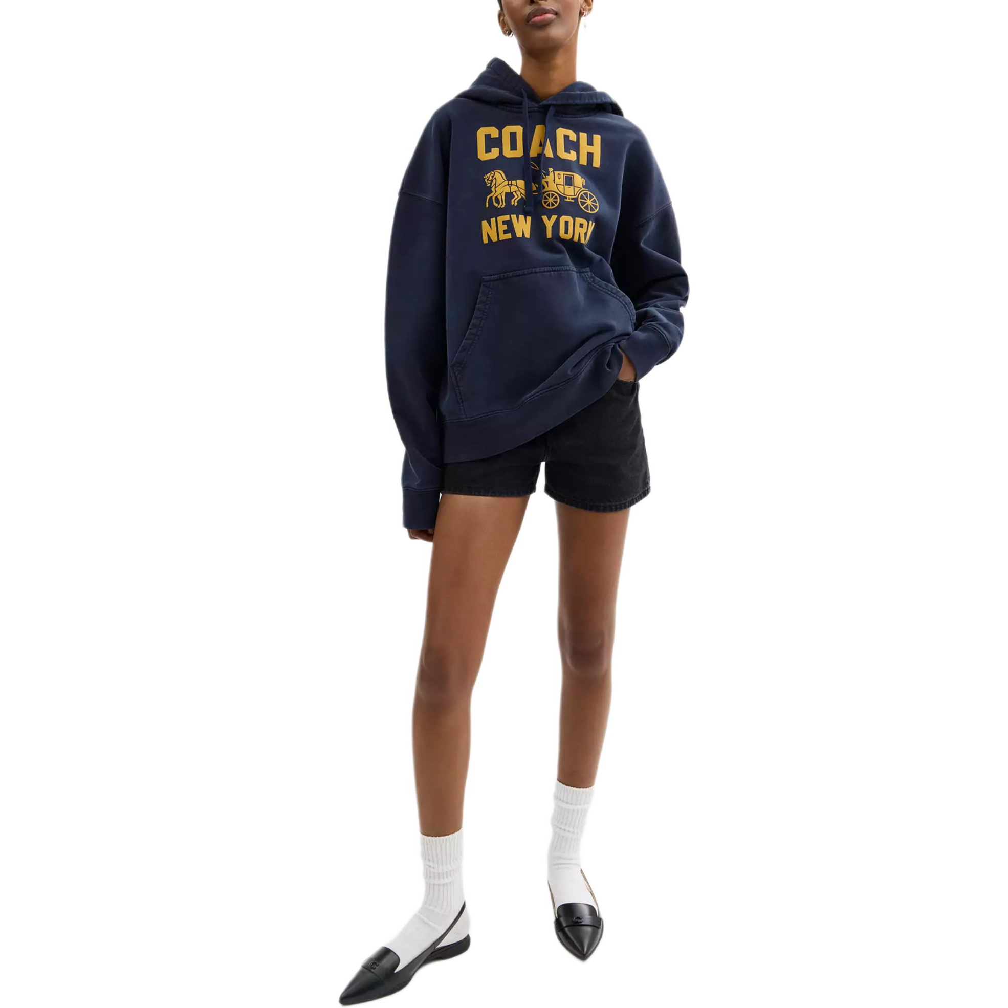 Lookbook COACH Unisex Navy Blue Hoodie with Carriage Print and Ribbed Details. CBD23-B5H