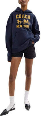COACH Unisex Navy Blue Hoodie with Carriage Print and Ribbed Details. CBD23-B5H Lookbook COACH Unisex Navy Blue Hoodie with Carriage Print and Ribbed Details. CBD23-B5H