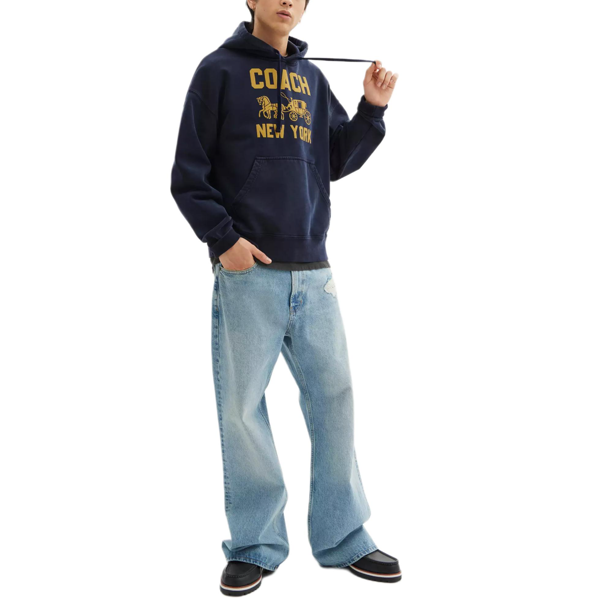 Details for COACH Unisex Navy Blue Hoodie with Carriage Print and Ribbed Details. CBD23-B5H