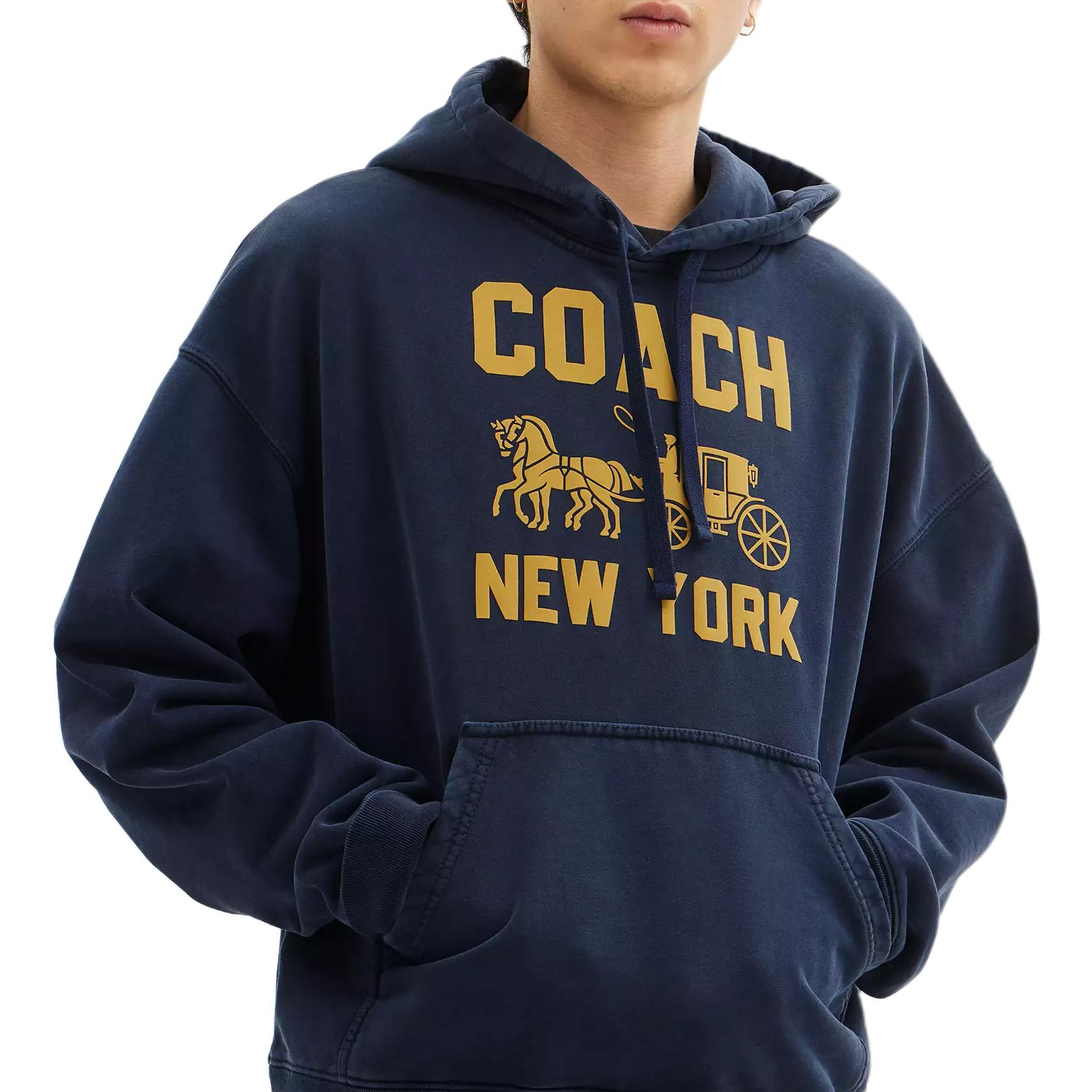 Sizing COACH Unisex Navy Blue Hoodie with Carriage Print and Ribbed Details. CBD23-B5H