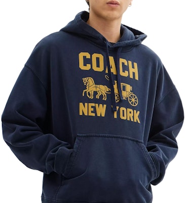 COACH Unisex Navy Blue Hoodie with Carriage Print and Ribbed Details. CBD23-B5H Sizing COACH Unisex Navy Blue Hoodie with Carriage Print and Ribbed Details. CBD23-B5H