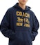 Sizing COACH Unisex Navy Blue Hoodie with Carriage Print and Ribbed Details. CBD23-B5H