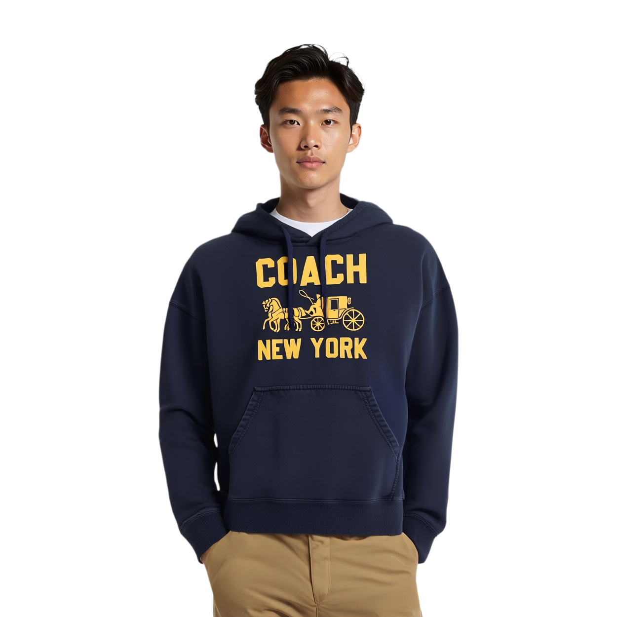Cheap COACH Unisex Navy Blue Hoodie with Carriage Print and Ribbed Details. CBD23-B5H
