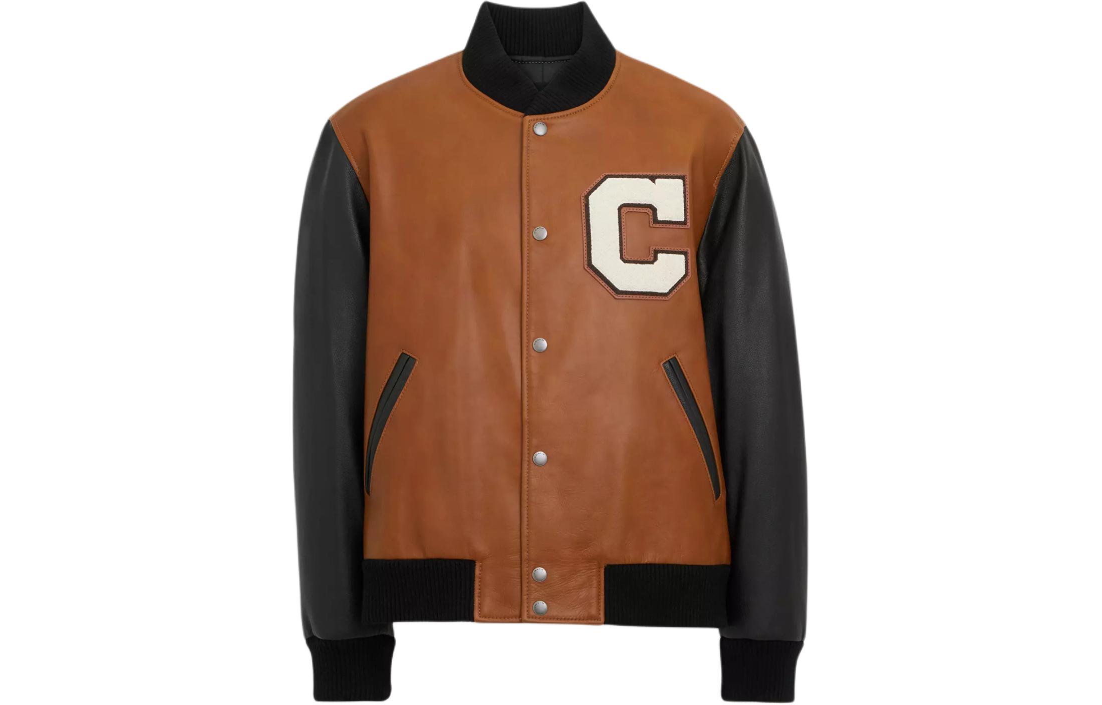 COACH Varsity Leather Jacket Brown Single-Breasted Long-Sleeve CO800-WBQ