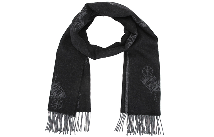 Lookbook COACH Syal Campuran Wol dan Cashmere Unisex Hitam dengan Logo Kereta. F76387-BLK