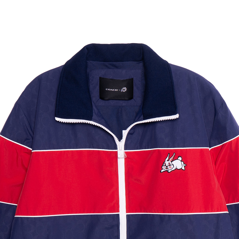Details for COACH x White Rabbit FW22  Colorblock Bunny Print Hoodie Jacket Navy. CE137-NAY